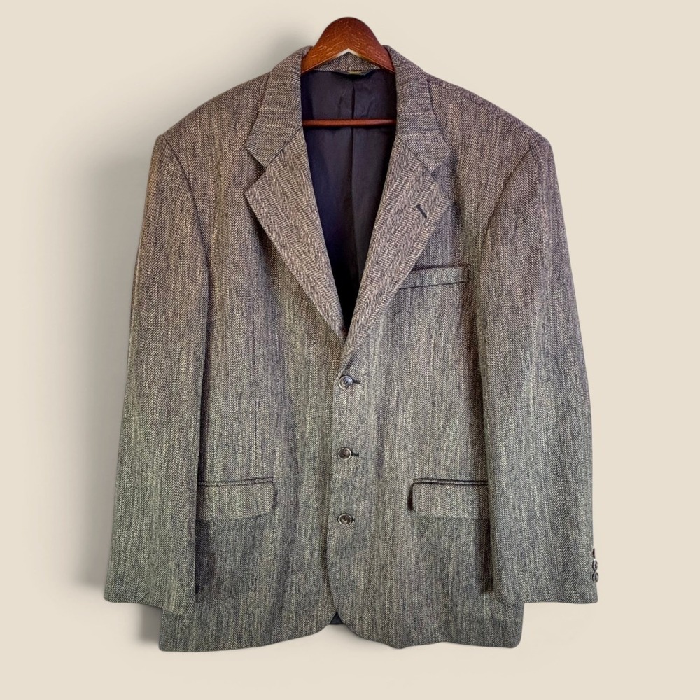 Vintage Blazer J.Riggings 44L Brown Herringbone Wool Tweed Sport Coat Preppy Ivy